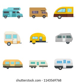 Motorhome car trailer camp house icons set. Flat illustration of 9 motorhome car trailer camp house vector icons isolated on white