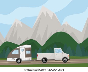 Motorhome caravan camper rides on the road. Landscape with hills, mounains and trees. Summer vacation, camping, travel, trip, hiking, vector cartoon illustration.