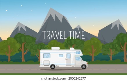 Motorhome caravan camper rides on the road. Landscape with hills, mounains and trees. Summer vacation, camping, travel, trip, hiking, vector cartoon illustration. Travel time