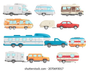 Motorhome cars. Caravan rv campers, retro travel car, trailer caravans, vacation vehicle, motorhome wheel, road traveler trucks, icon set flat vector illustration. Caravan travel motorhome, rv trailer