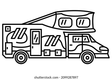 Motorhome With A Folding Roof. A Recreational Vehicle. Family Trip Outside. Vector Icon, Outline, Isolated. Editable Stroke