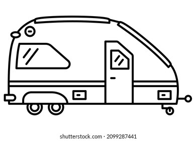 Motorhome With Glass On The Roof. A Recreational Vehicle. Family Camping, Traveling Outside. Vector Icon, Outline, Isolated. Editable Stroke