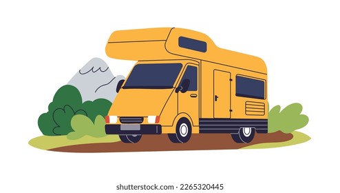 Motorhome, holiday camper car on road. RV, touristic campervan. Recreational truck transport, vehicle for adventure. Summer auto, motor home. Flat vector illustration isolated on white background