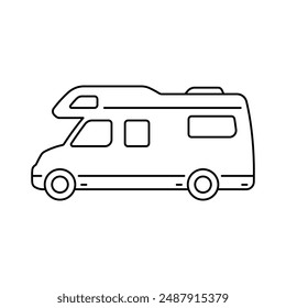 Icono de autocaravana. Camper. Silueta lineal de contorno negro. Trazos editables. Vista lateral. Vector simple ilustración gráfica plana. Objeto aislado sobre fondo blanco. Aislar.