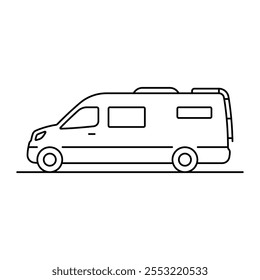 Icono de autocaravana. Camper. Silueta lineal de contorno negro. Trazos editables. Vista lateral. Vector simple ilustración gráfica plana. Objeto aislado sobre fondo blanco. Aislar.