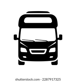 Icono de Motorhome. Camper, minibús, caravana. Silueta negra. Vista frontal. Ilustración gráfica plana vectorial simple. Objeto aislado sobre un fondo blanco. Aislar.