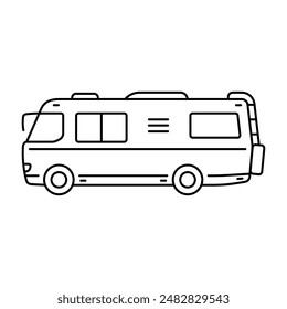 Wohnmobil-Symbol. Camper, Van. Schwarze Kontur lineare Silhouette. Bearbeitbare Striche. Seitenansicht. Vektorgrafik Einfache flache grafische Darstellung. Isoliertes Objekt auf weißem Hintergrund. Isolieren.