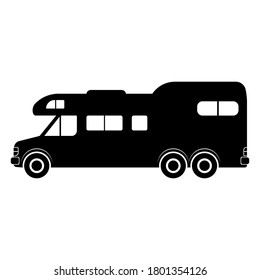 Motorhome icon. House on wheels. Side view. Black silhouette. Vector flat graphic illustration. The isolated object on a white background. Isolate.