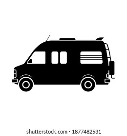 Motorhome icon. Minibus. Black silhouette. Side view. Vector flat graphic illustration. The isolated object on a white background. Isolate.