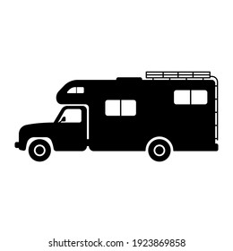 Motorhome icon. Small car for family trips. Black silhouette. Side view. Vector flat graphic illustration. The isolated object on a white background. Isolate.