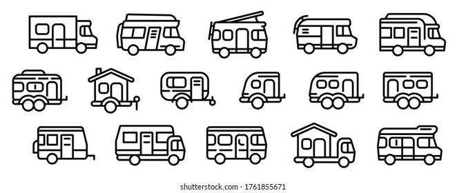 Motorhome icons set. Outline set of motorhome vector icons for web design isolated on white background