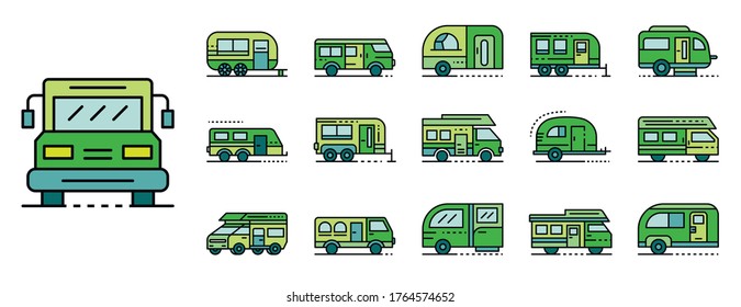 Motorhome icons set. Outline set of motorhome vector icons thin line color flat isolated on white