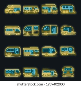 Motorhome icons set. Outline set of motorhome vector icons neon color on black