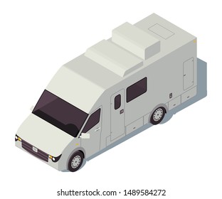 Motorhome isometric color vector illustration. City transport infographic. Car camper. Truck vehicle. Car travel. Voyage transportation. Automobile 3d concept isolated on white background