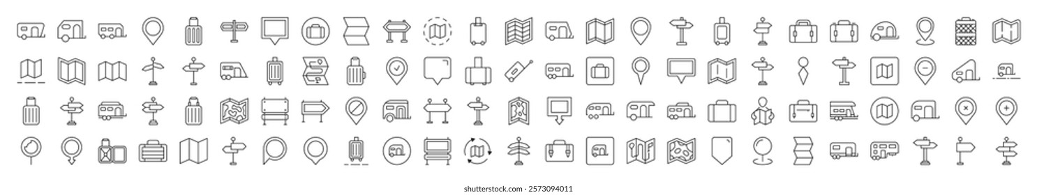 Motorhome, Map Pin, Baggage, Direction Pointer Outline Simple Linear Image Collection. Editable Stroke. Suitable for Web Sites, Books, Cards, Apps 