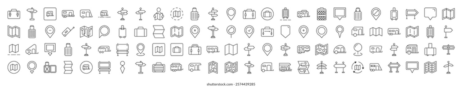 Motorhome, Map Pin, Baggage, Direction Pointer Thin Icons Collection. Editable Stroke. Suitable for Web Sites, Books, Cards, Apps 