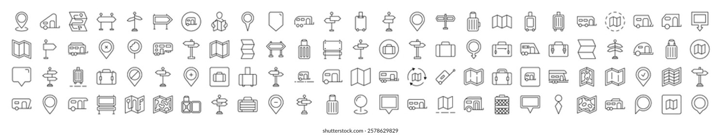 Motorhome, Map Pin, Baggage, Direction Pointer Collection of Thin Icons. Editable Stroke. Suitable for Web Sites, Books, Cards, Apps