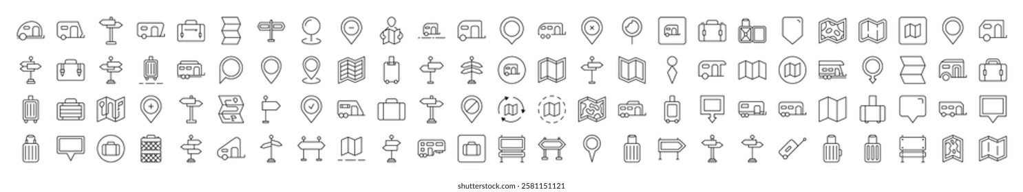 Motorhome, Map Pin, Baggage, Direction Pointer Set of Thin Icons. Editable Stroke. Suitable for Web Sites, Books, Cards, Apps