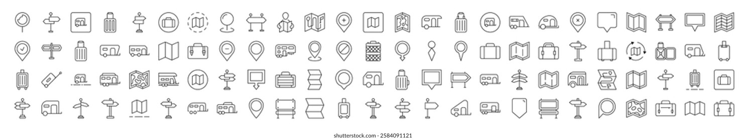 Motorhome, Map Pin, Baggage, Direction Pointer Pack of Thin Icons. Editable Stroke. Suitable for Web Sites, Books, Cards, Apps 