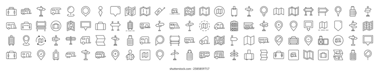 Motorhome, Map Pin, Baggage, Direction Pointer Bundle of Thin Icons. Editable Stroke. Suitable for Web Sites, Books, Cards, Apps 