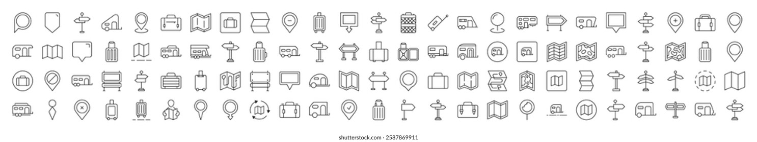 Motorhome, Map Pin, Baggage, Direction Pointer Related Icon Set. Editable Stroke. Suitable for Web Sites, Books, Cards, Apps