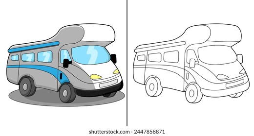 Motorhome, mobile home or campervan coloring page for kids also use as a standalone illustration of a mobile home