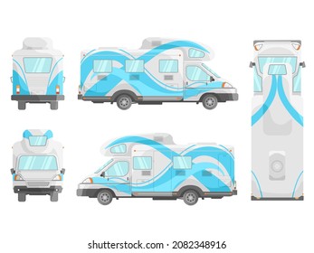 Motorhome Mockup. Rv Vehicle Branding, Caravan Camper Van, Recreational Travel Trailer, Bus Design Template, View Left Right Front Back Top Side, Isolated Decent Vector Illustration.