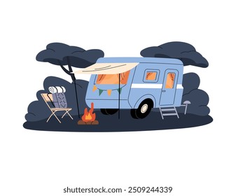 Motorhome está no acampamento com fogueira. Caravana de carro para acampar na natureza. Automóvel de campistas para viagem em família. Retro auto home para viagens. Ilustração de vetor isolado plano sobre fundo branco