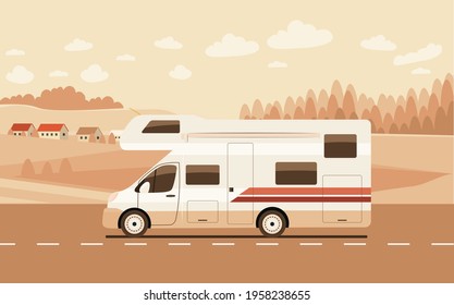 Motorhome on the road against the backdrop of a rural landscape. Vector flat style illustration.