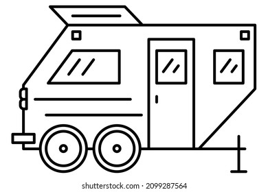 Motorhome with an open sunroof for a family travel. Car trailer for camping, glamping. Vector icon, outline, isolated. Editable stroke