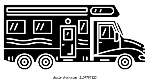 Motorhome, recreational vehicle, camping trailer, family camper. Roomy big bus for camping. Vector icon, glyph, silhouette, isolated