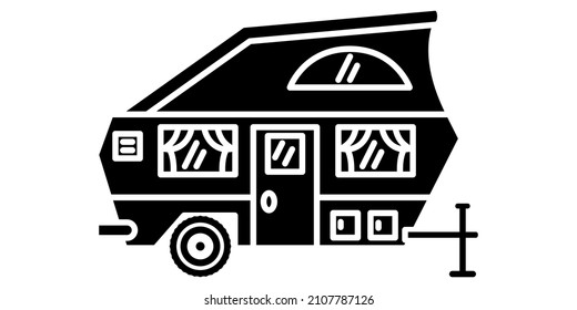 Motorhome, recreational vehicle, camping trailer, family camper. Trailer with a folding awning on top of the roof. Vector icon, glyph, silhouette, isolated