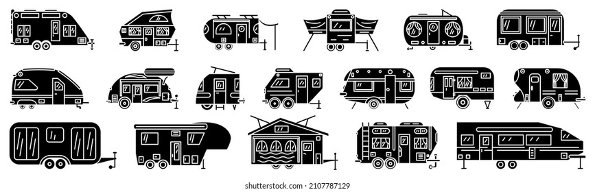 Motorhome, recreational vehicle, camping trailer, family camper. Family autonomous vacation, travel. Set of vector icons, glyph, silhouette, isolated