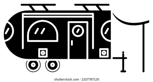 Motohome, vehículo recreativo, remolque de campamento, camper familiar. Diseño semicircular, toldo en el lateral, techo corredizo. Icono vectorial, glifo, silueta aislada