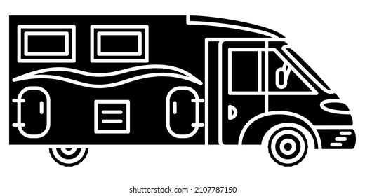 Motorhome, recreational vehicle, camping trailer, family camper. Design with a window on the roof. Vector icon, glyph, silhouette, isolated