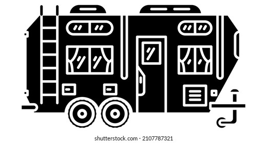 Motohome, vehículo recreativo, remolque de campamento, camper familiar. Un amplio remolque con una escalera en el costado, un techo corredizo. Icono vectorial, glifo, silueta aislada