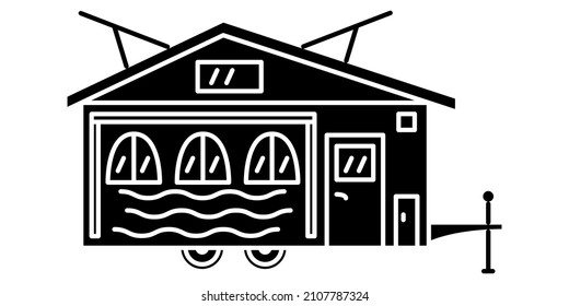 Motorhome, recreational vehicle, camping trailer, family camper. Imitation of a house, sunroof, design with waves. Vector icon, glyph, silhouette, isolated