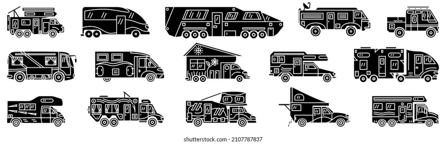 Motorhome, recreational vehicle, camping trailer, family camper. Comfortable rest outside, glamping. Set of vector icons, glyph, silhouette, isolated