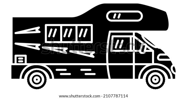 Motorhome, recreational vehicle, camping\
trailer, family camper. Design with a sleeping place and a roof\
rack. Vector icon, glyph, silhouette,\
isolated