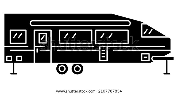 Motorhome,\
recreational vehicle, camping trailer, family camper. A roomy\
trailer for housing many people. Comfortable rest on the journey.\
Vector icon, glyph, silhouette,\
isolated