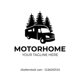 Motorhome or recreational vehicle (RV) camper car, logo template. Vacation travel or traveling, trip or adventure and caravan car, vector design. Transport, trees spruce and nature, illustration