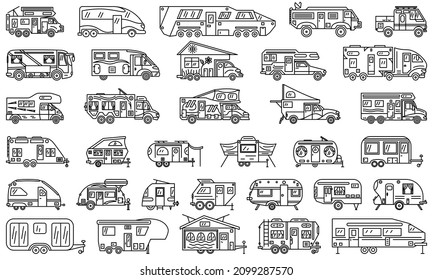 Motorhome, residential trailer, motorhome, camping car, recreational vehicles. Set of vector icons, outline, isolated. Editable stroke