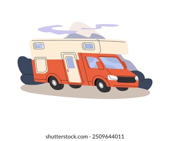 Motorhome para viagem de estrada. Caravana para acampar na natureza. Campista retrô para viagem da família à montanha. Auto casa, carro, automóvel para o turismo. Ilustração de vetor isolado plano sobre fundo branco