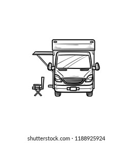 Motorhome with tent hand drawn outline doodle icon. Caravan and vacation, recreation and rv, camper concept. Vector sketch illustration for print, web, mobile and infographics on white background.