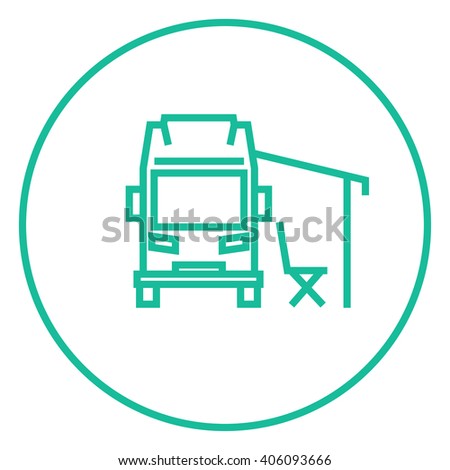 Motorhome with tent line icon.