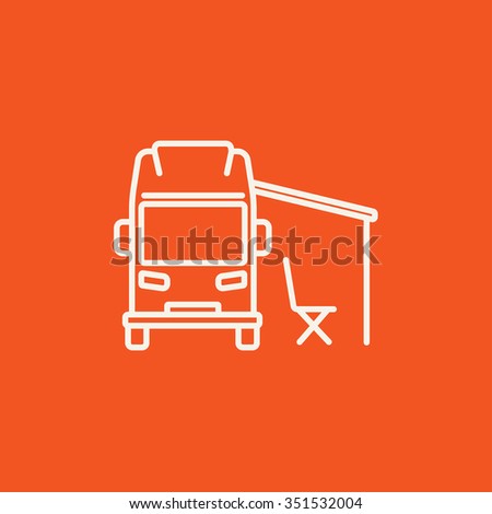 Motorhome with tent line icon for web, mobile and infographics. Vector white icon isolated on red background.