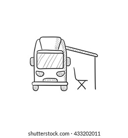 Motorhome with tent vector sketch icon isolated on background. Hand drawn Motorhome with tent icon. Motorhome with tent sketch icon for infographic, website or app.