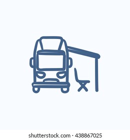 Motorhome with tent vector sketch icon isolated on background. Hand drawn Motorhome with tent icon. Motorhome with tent sketch icon for infographic, website or app.