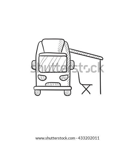 Motorhome with tent vector sketch icon isolated on background. Hand drawn Motorhome with tent icon. Motorhome with tent sketch icon for infographic, website or app.
