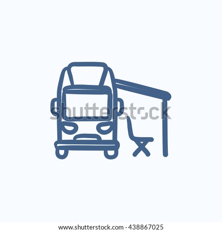 Motorhome with tent vector sketch icon isolated on background. Hand drawn Motorhome with tent icon. Motorhome with tent sketch icon for infographic, website or app.